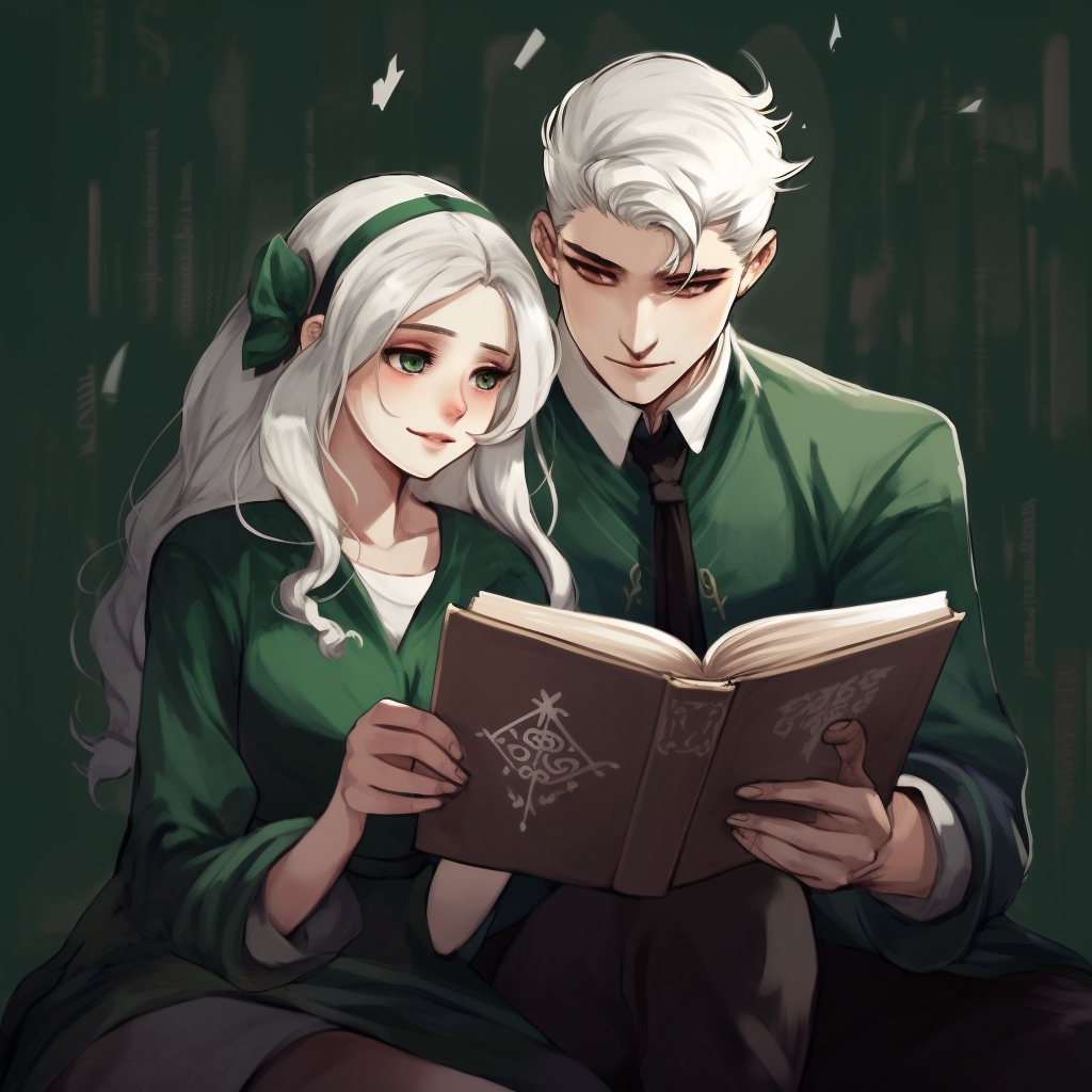 Couple in Slytherin Uniform reading together