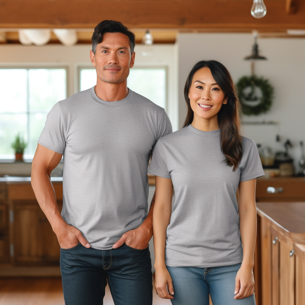 Couple wearing sport gray t-shirts in farmhouse livingroom