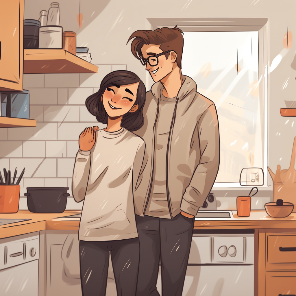 Couple cooking comfort-food in the kitchen during rain