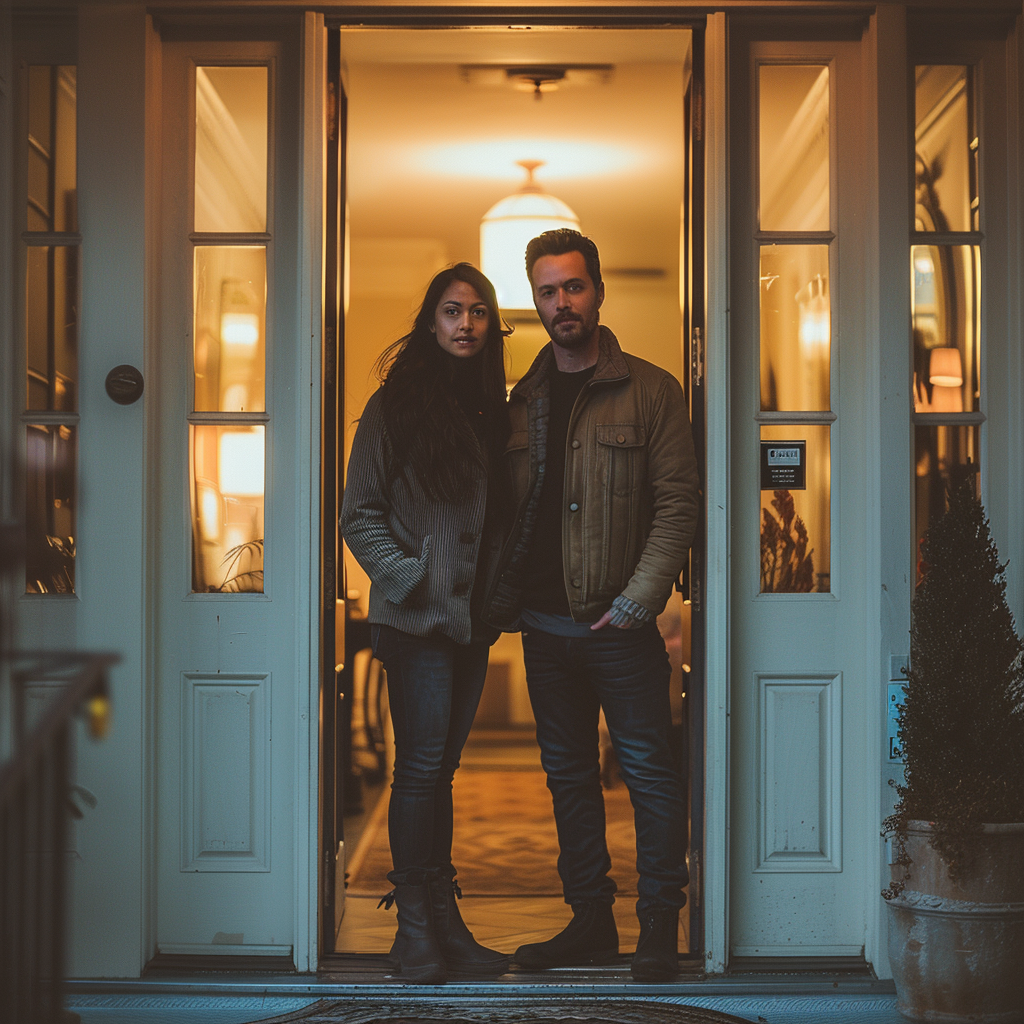 couple standing open front door