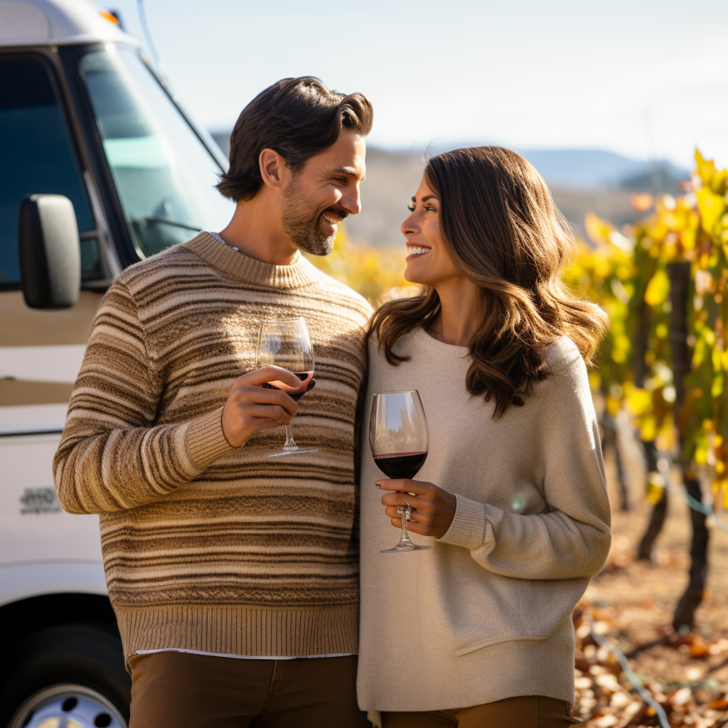 Couple drinking wine surrounded by grapevines