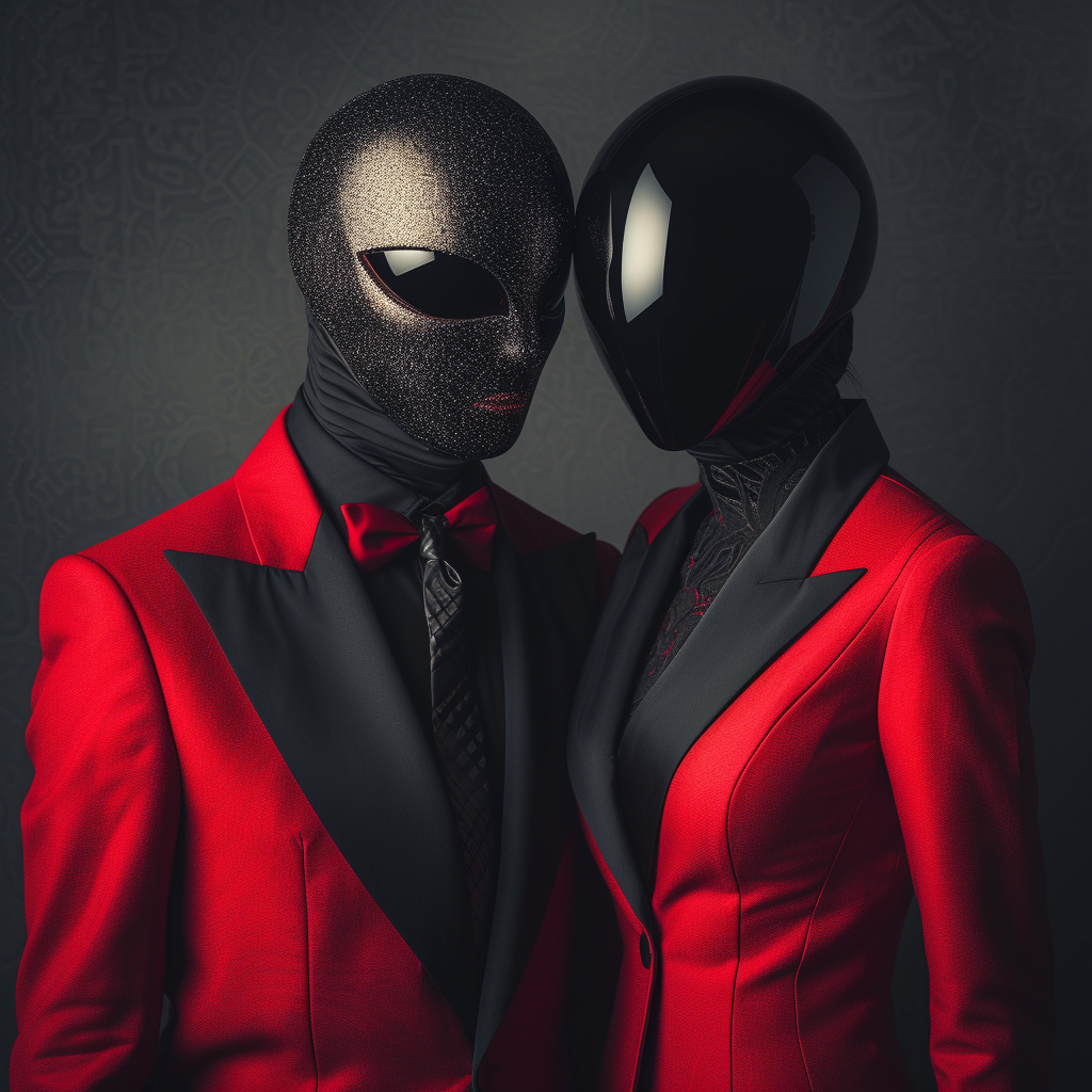 Couple with Symbol Mask and Black and Red Suit in Studio