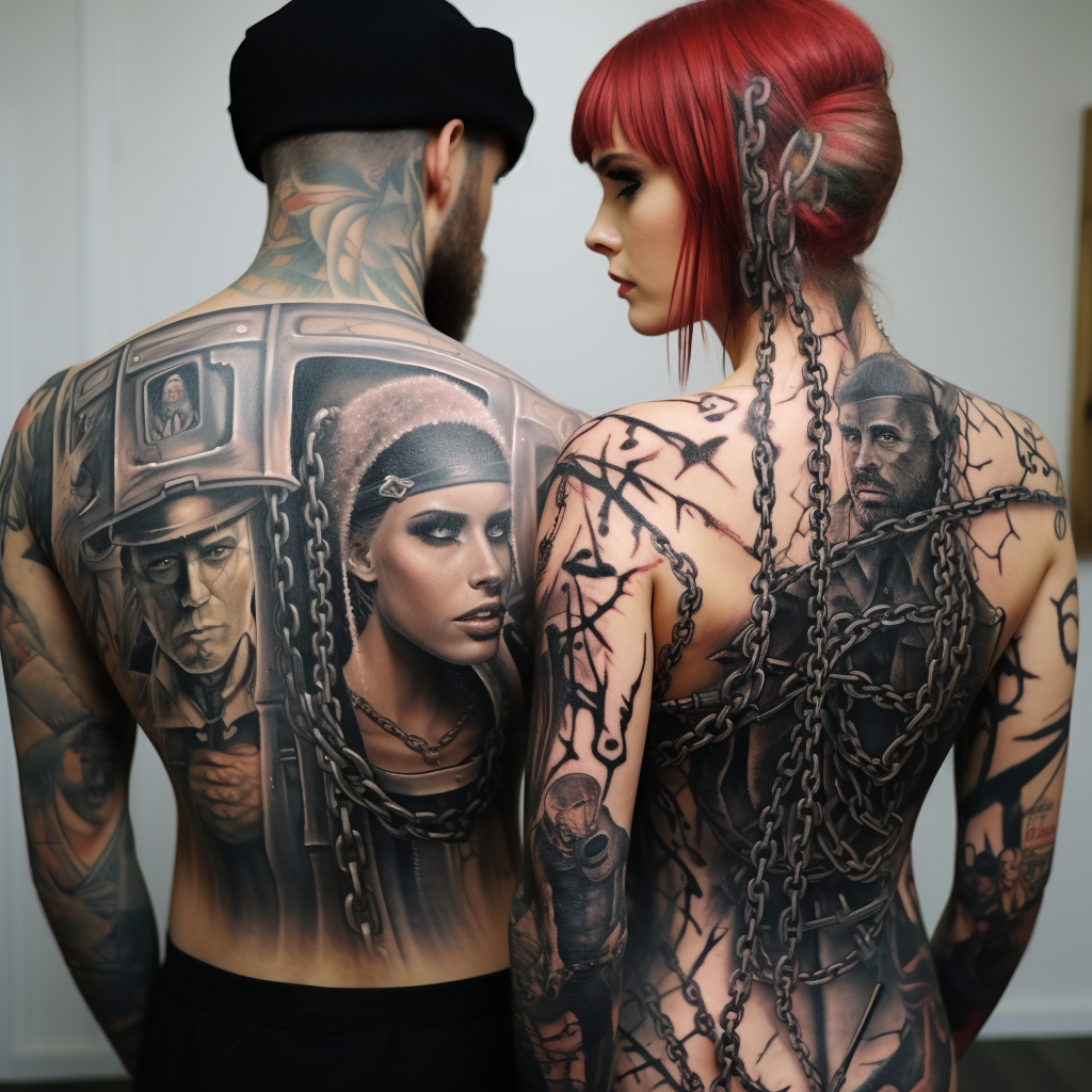 Couple tattoo with insane asylum strait jacket