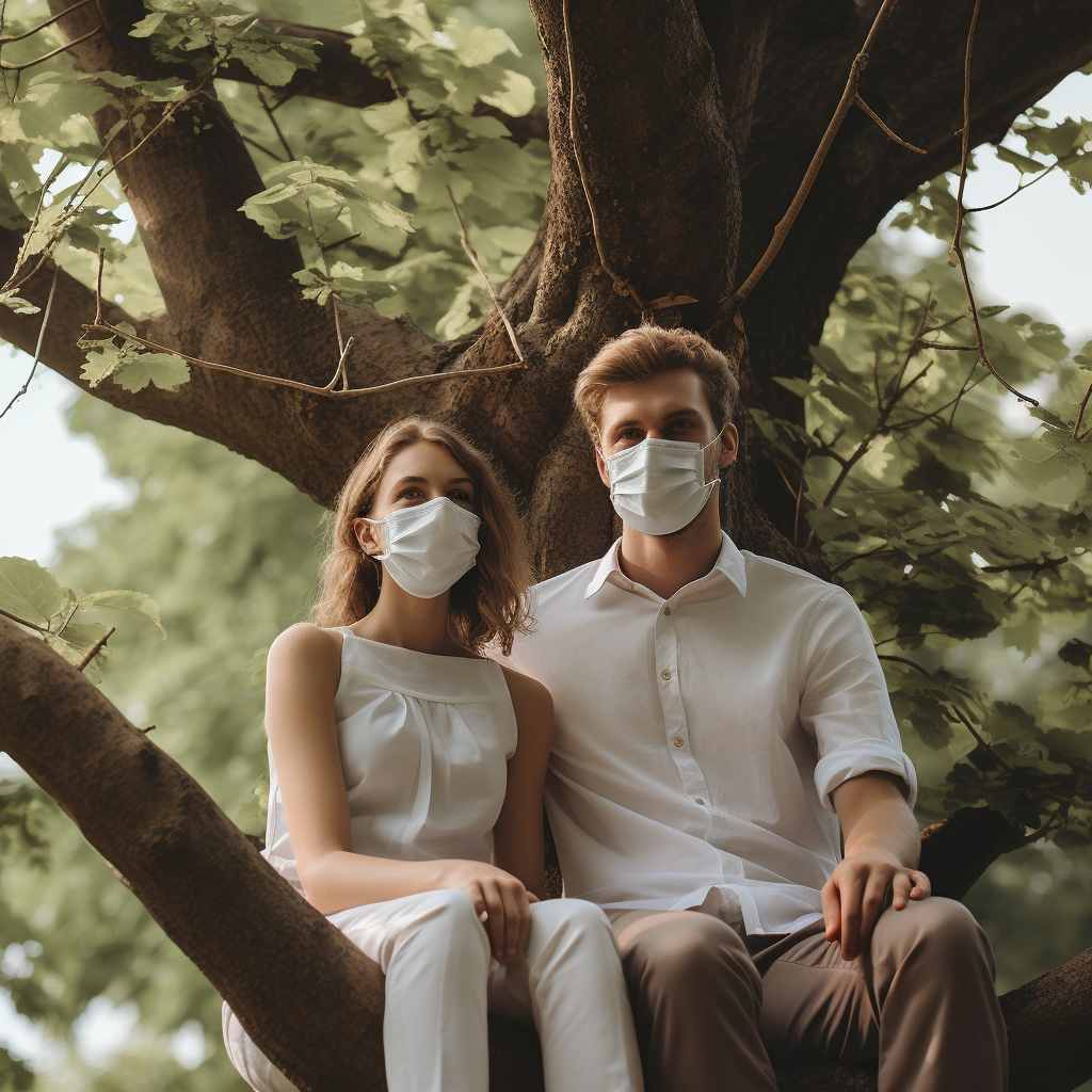 Couple wearing medical mask in tree