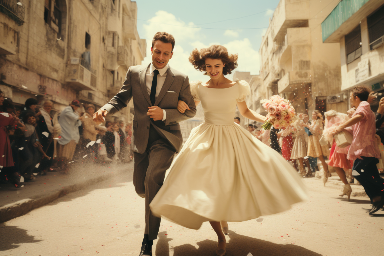 Couple running in Amman downtown with confetti