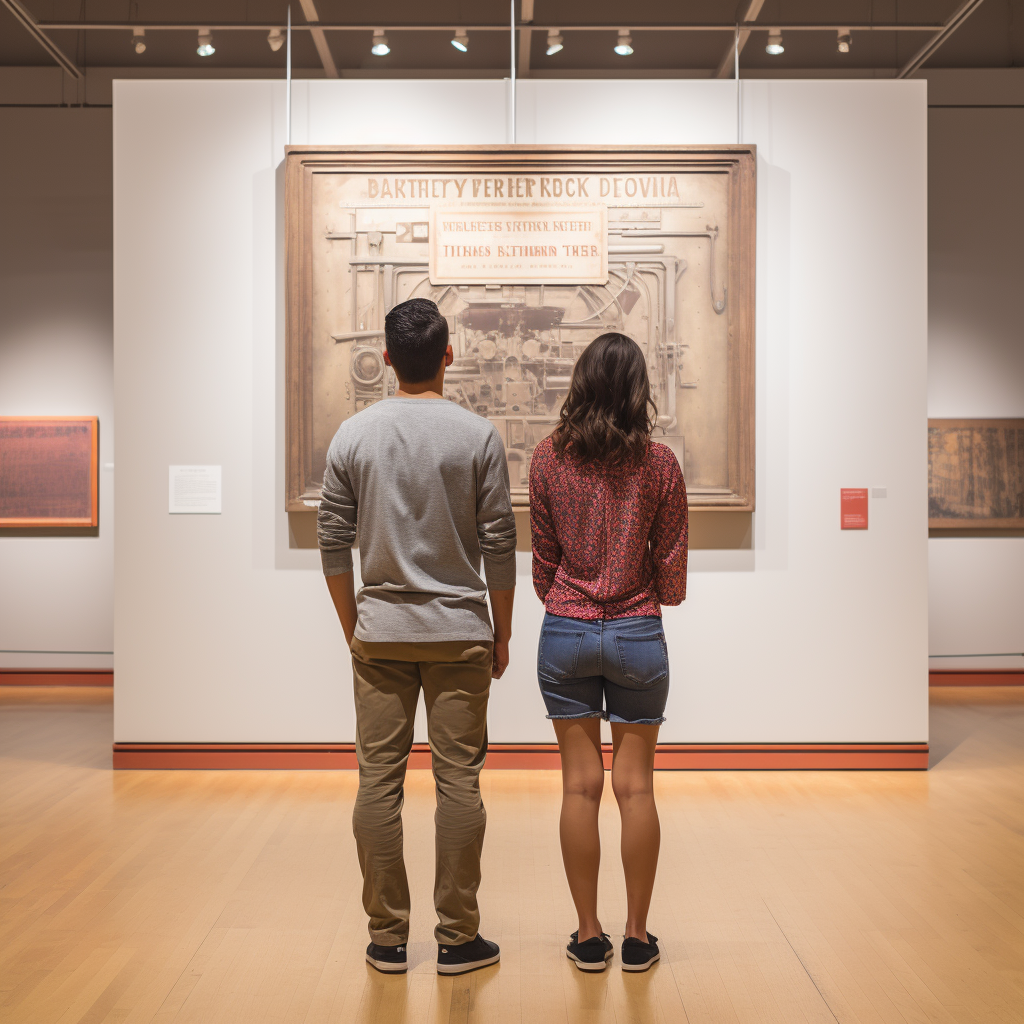 Couple reading large sign in museum