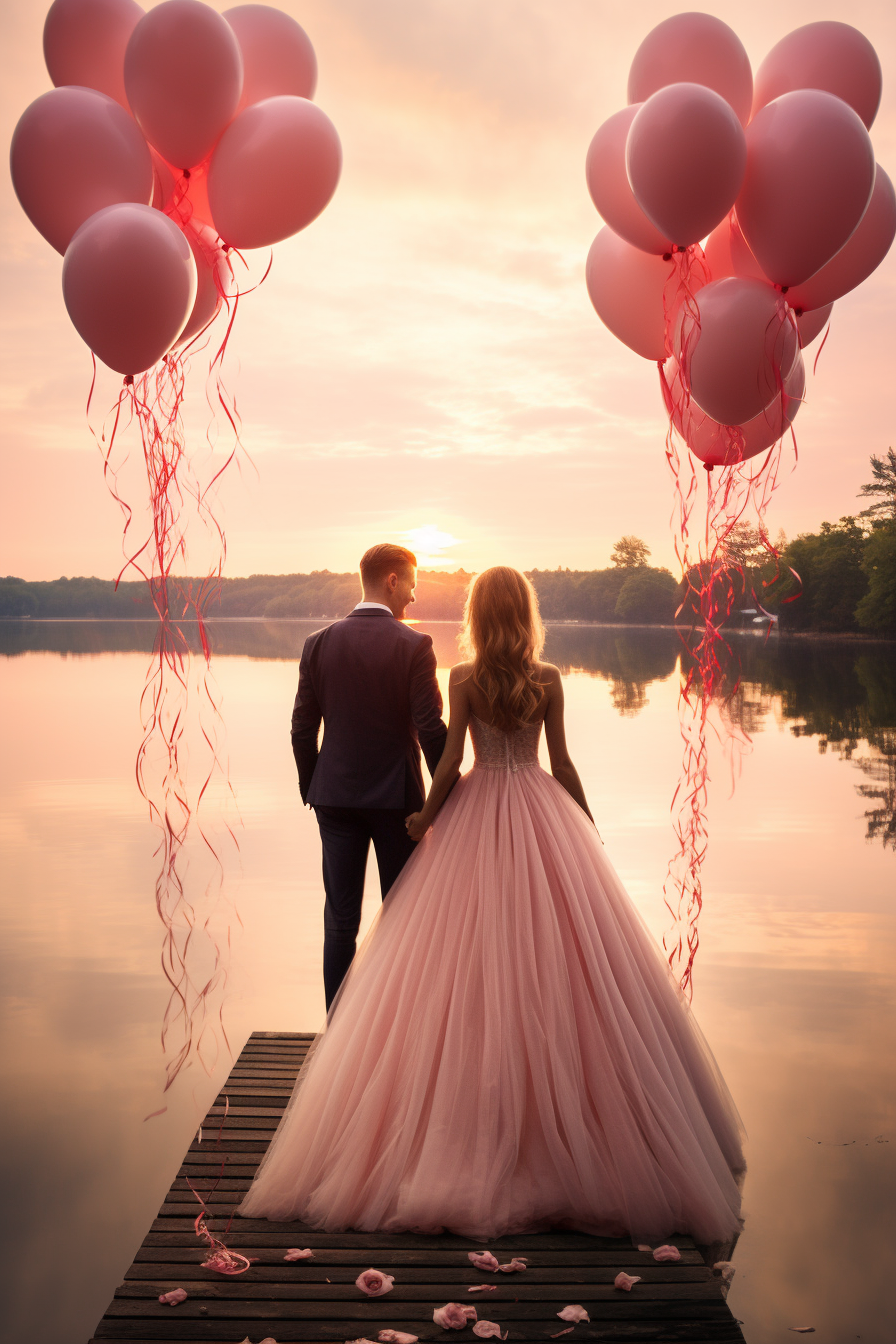 Couple at Lakeside with Colorful Balloons