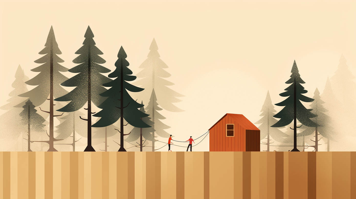 Minimalistic illustration of couple building house in pine forest