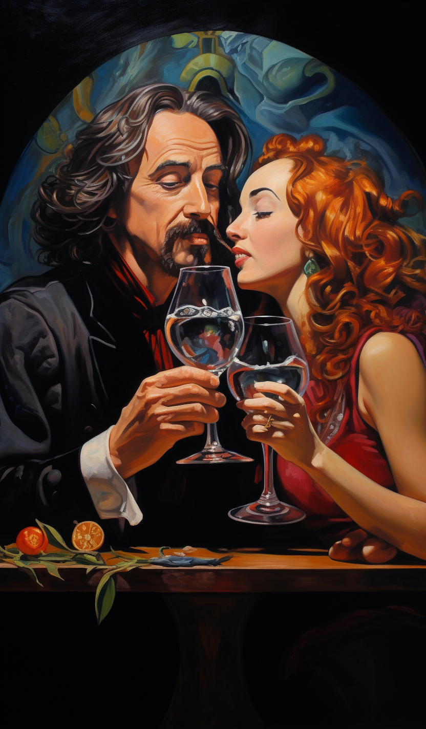 Couple drinking from chalices in cosmic harmony