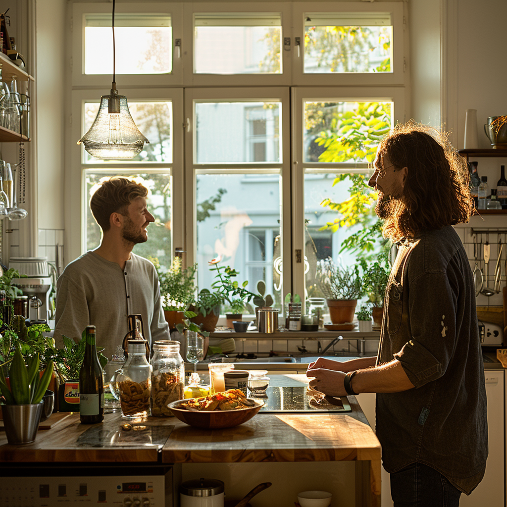 Couple at kitchen bar talking