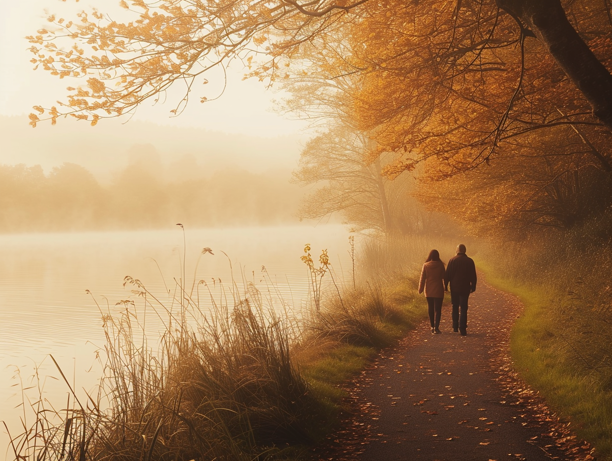 Couple Walking Along Misty Lake