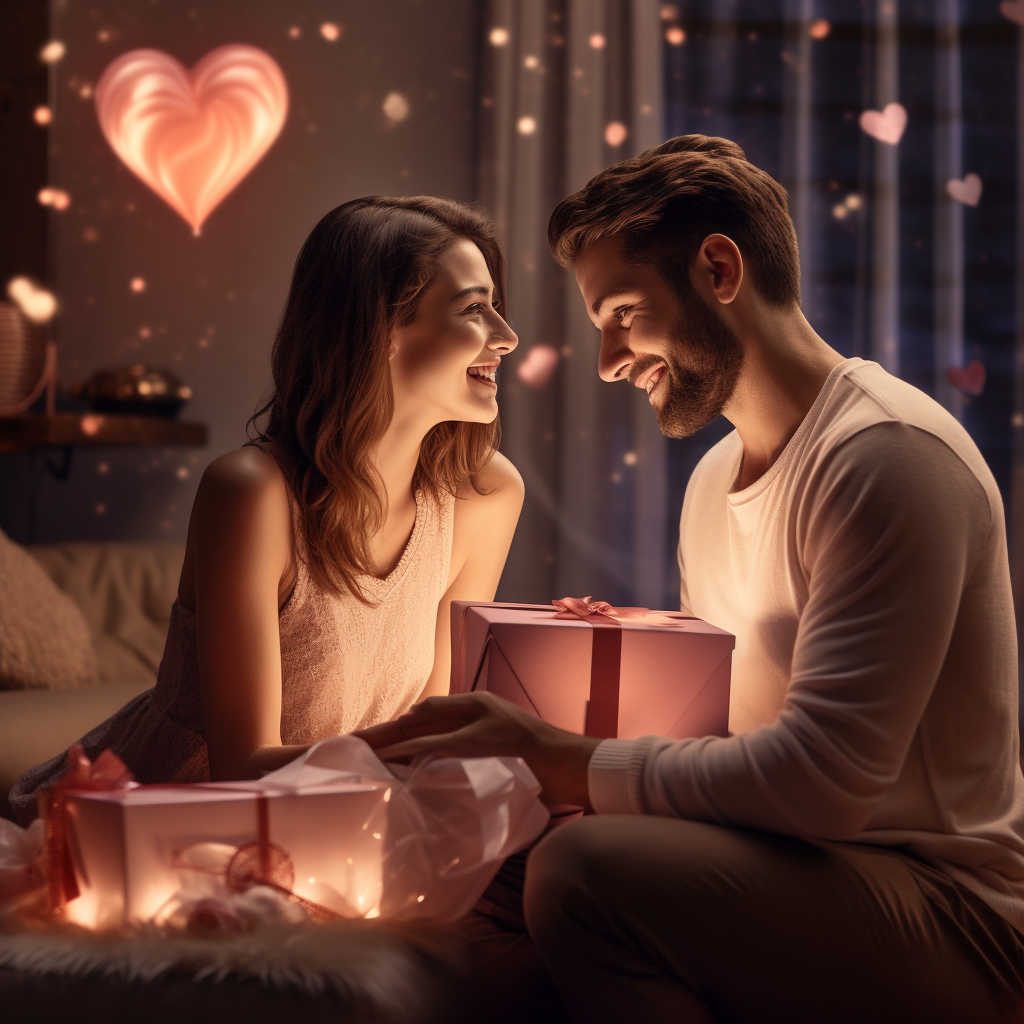 Romantic couple with surprise gifts