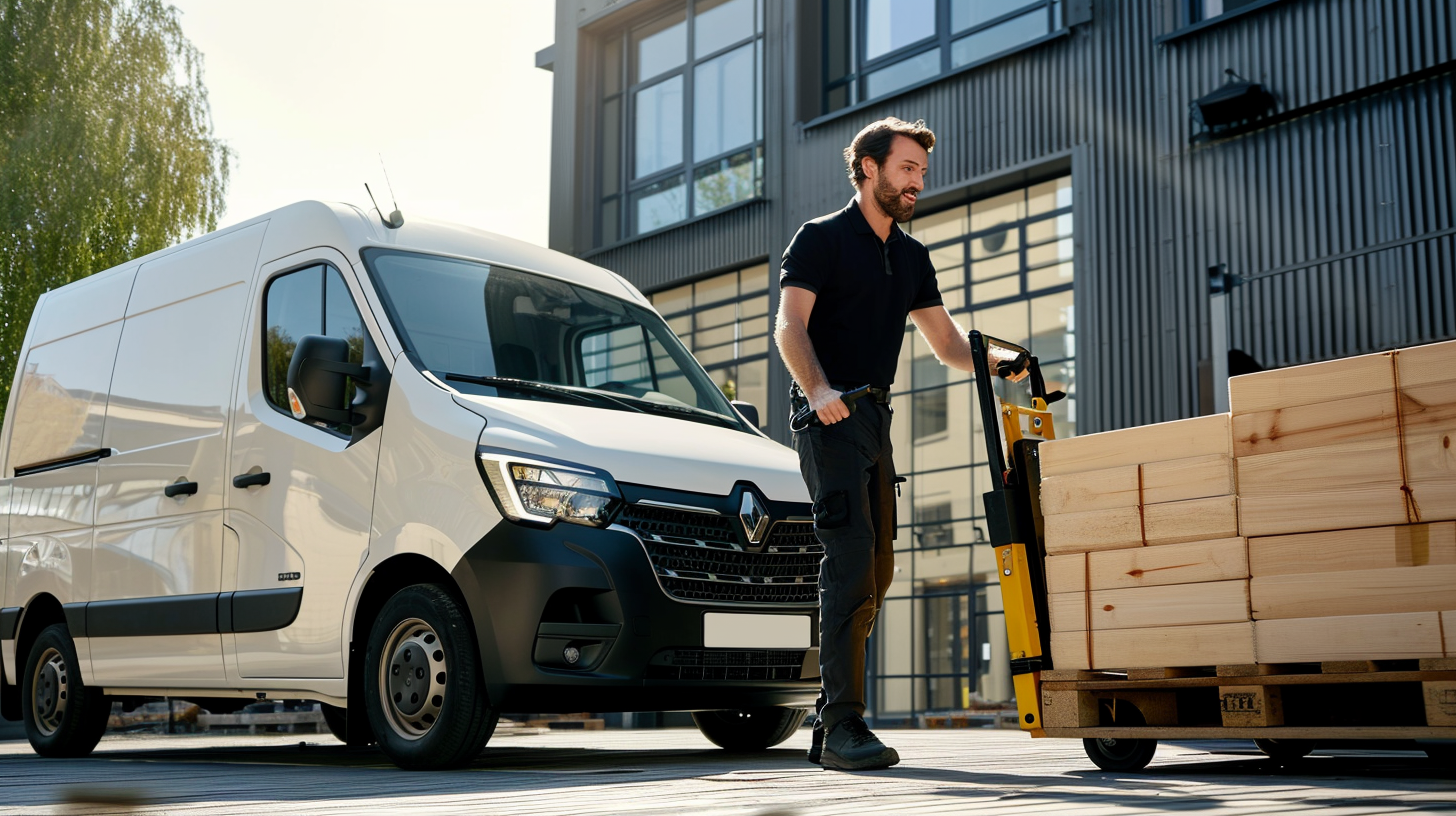 Courier loading van with pallet truck