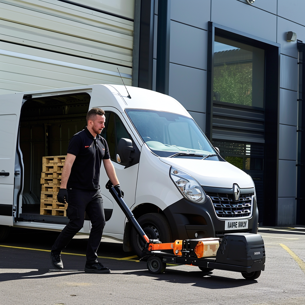 Courier loading white van with pallet truck