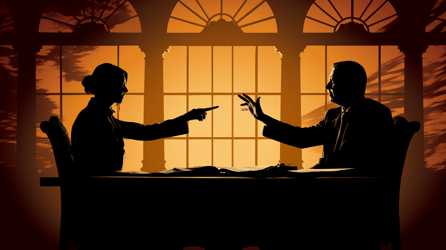 Silhouette of two advocates arguing in court