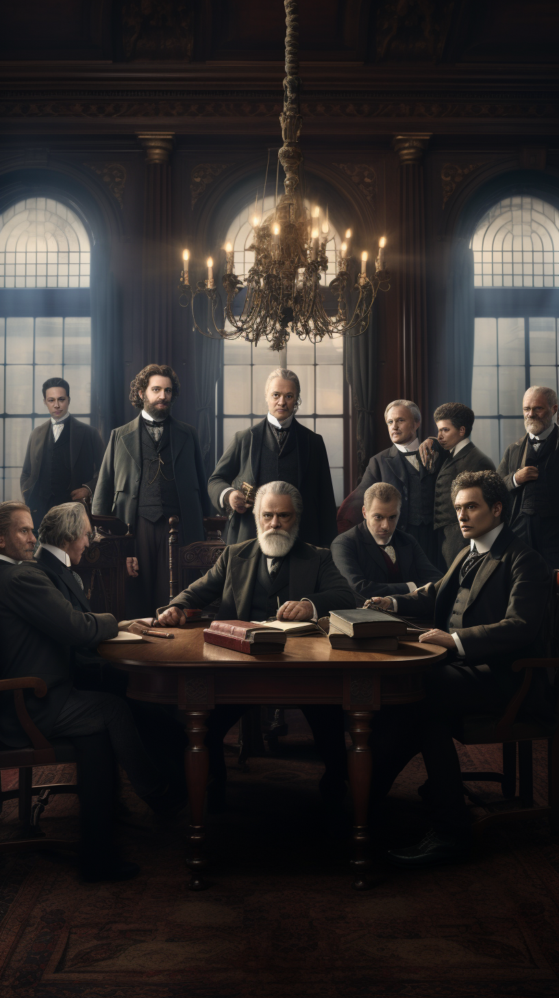 Lawyers and judges in 19th century courtroom