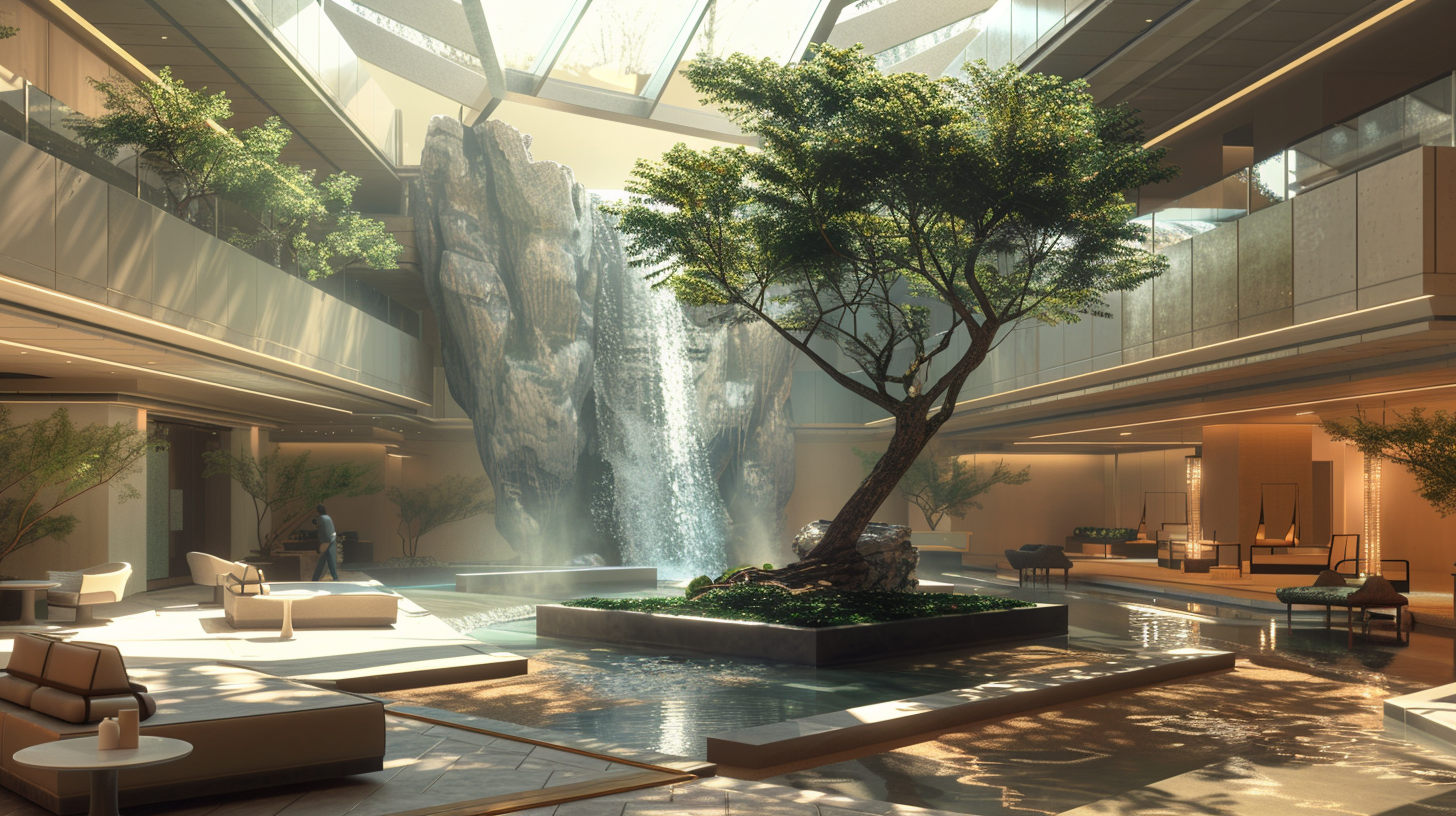 Modern Courtyard Oasis Waterfall Tree