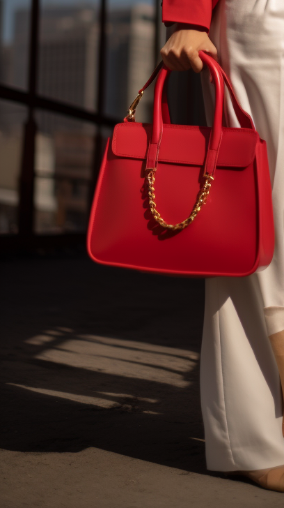 Pakistani Model in Red Pants, White Shirt, Red Coat with White Hand Bag