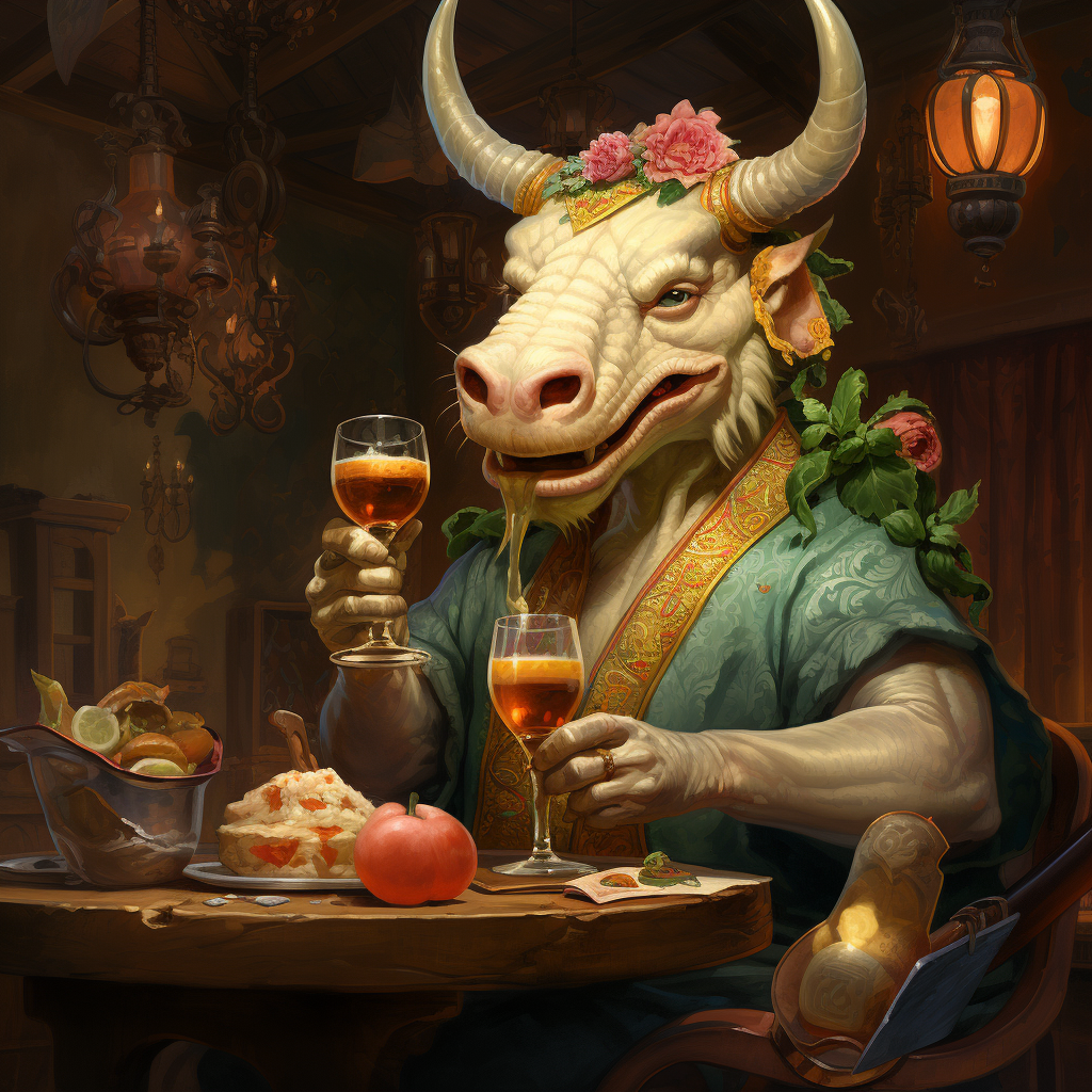 Cow drinking champagne with Asian dragon celebrating New Year