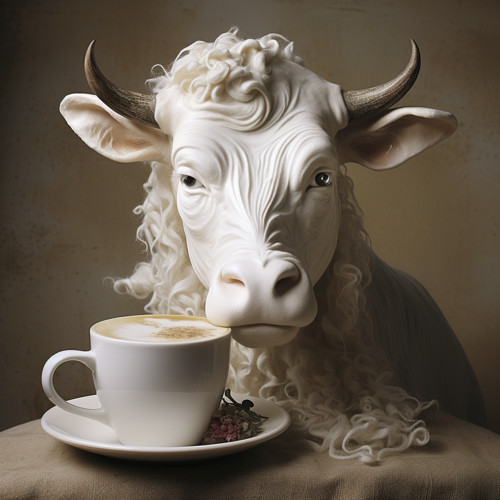 Surreal cow pouring coffee cream