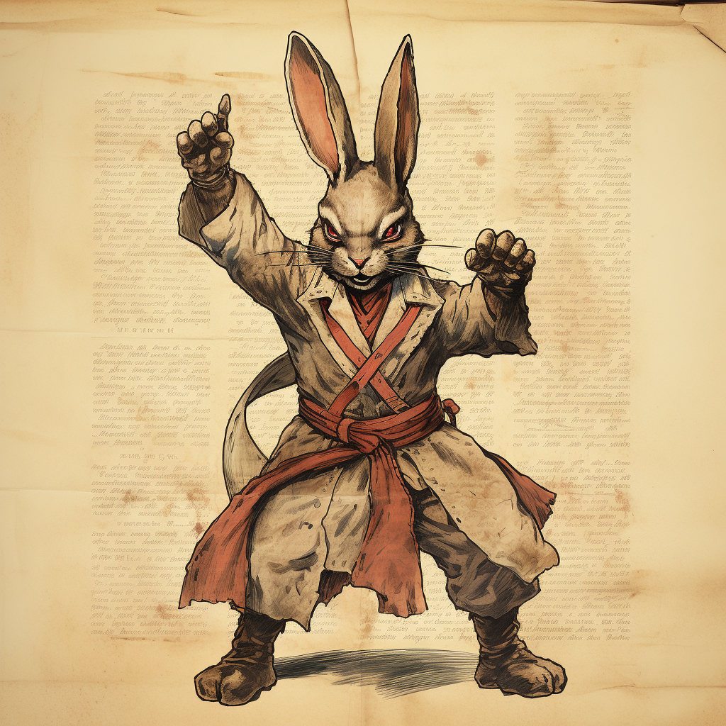 Anthropomorphic bunny man dressed as cowboy fighting monk