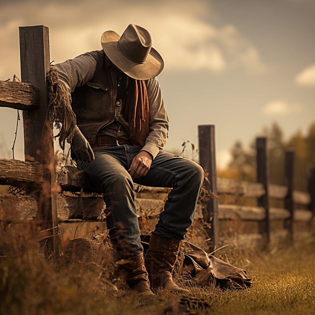 Cowboy in denim jeans and plad shirt with leather chaps