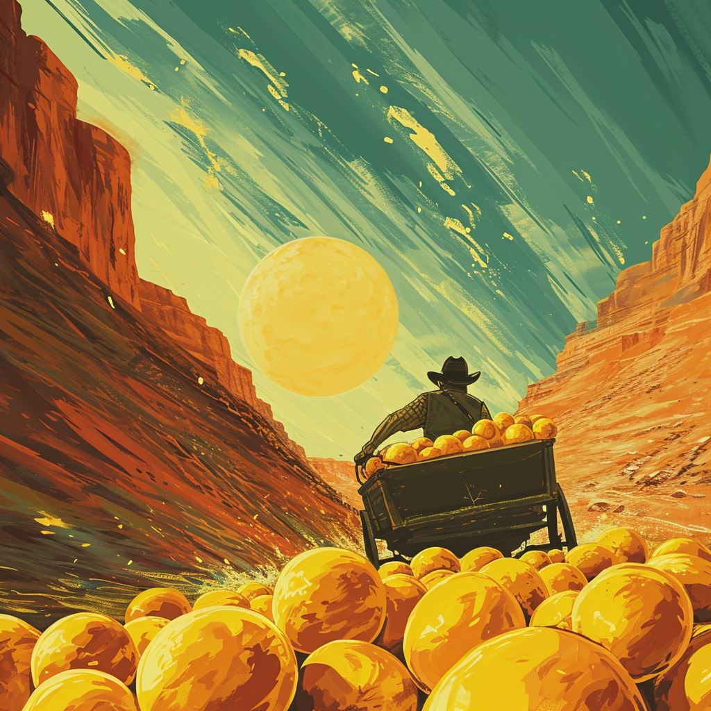 Cowboy driving wagon with lemons