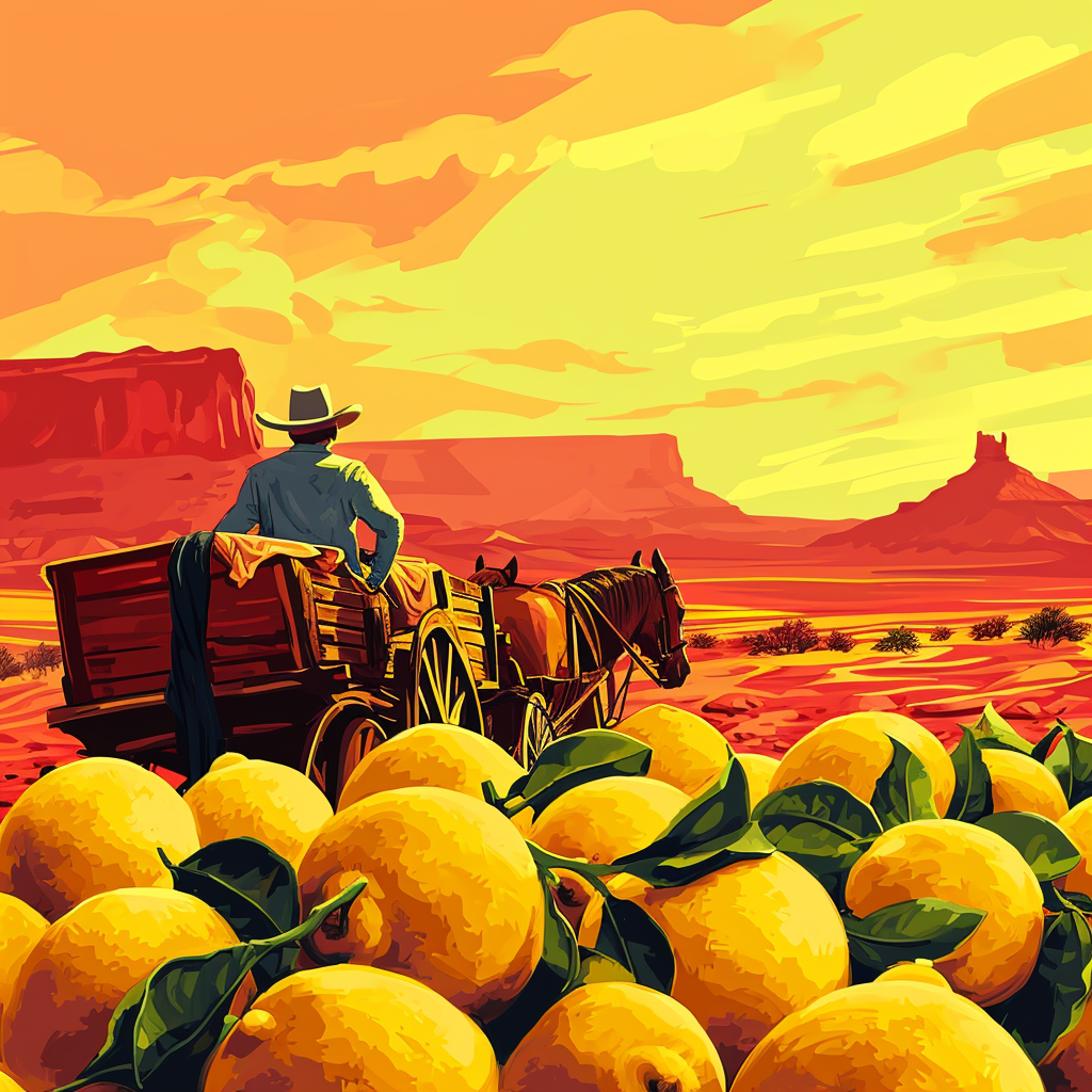 Cowboy driving wagon with horses and lemons