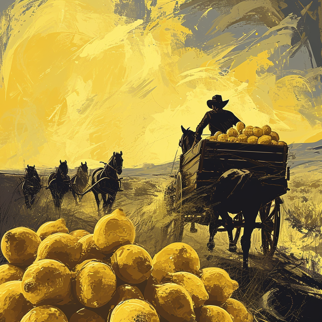 Cowboy driving wagon with horses and lemons