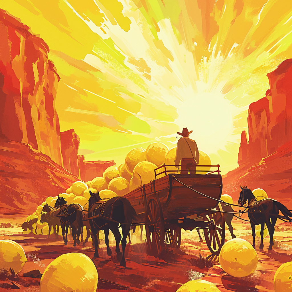 Cowboy driving wagon with lemons in western desert