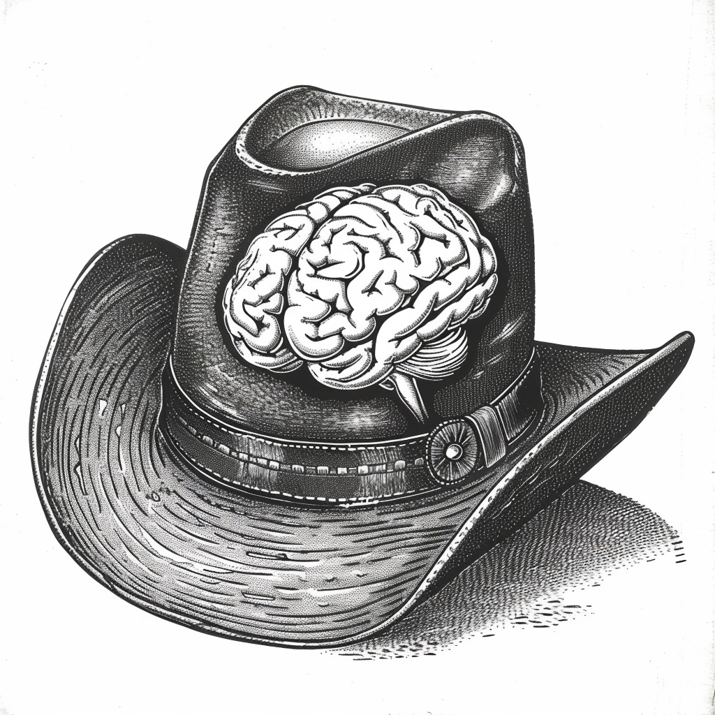 Brain inside cowboy hat drawing