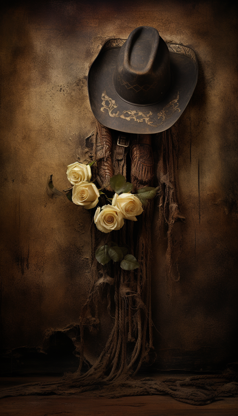 Dark style cowboy hat, rope, wilted flowers, gun