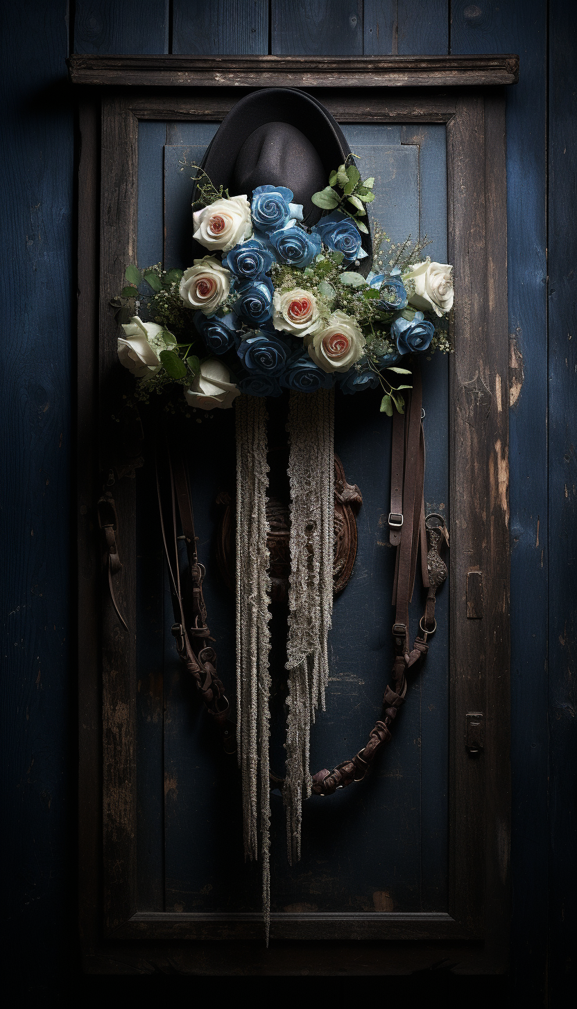 Image of a Cowboy Hat, Rope, Wilted Flowers, Gun