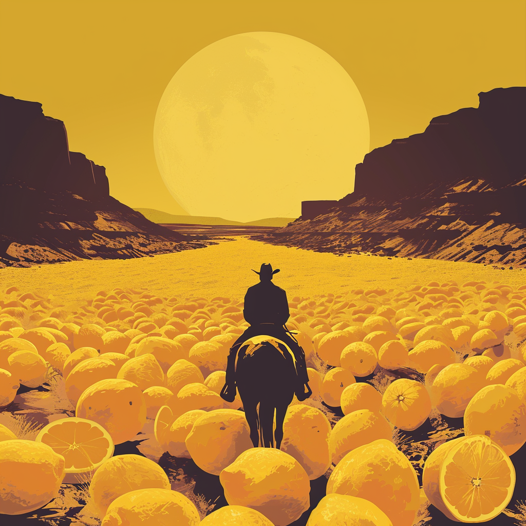 Cowboy riding horse herding lemons