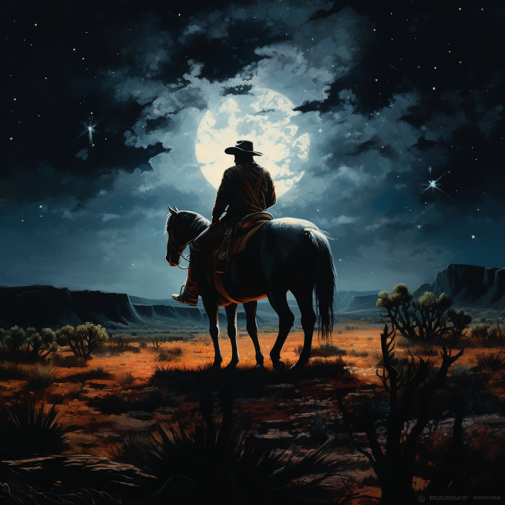 Cowboy on horse looking into the night