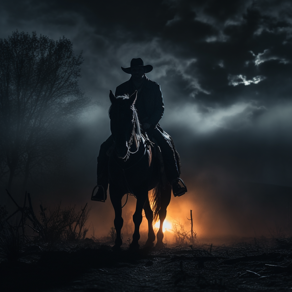 Mysterious cowboy on horse at night