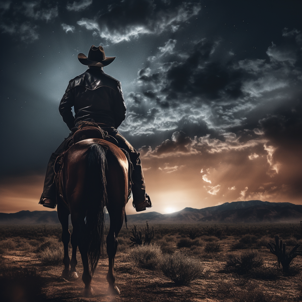 Silhouetted Cowboy on Horse in Moonlit Night