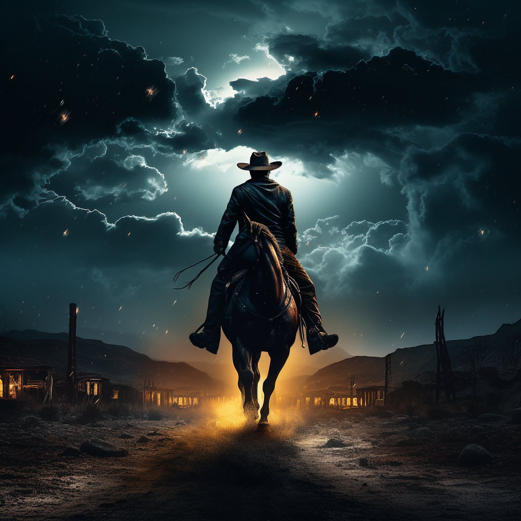 Cowboy riding horse at night