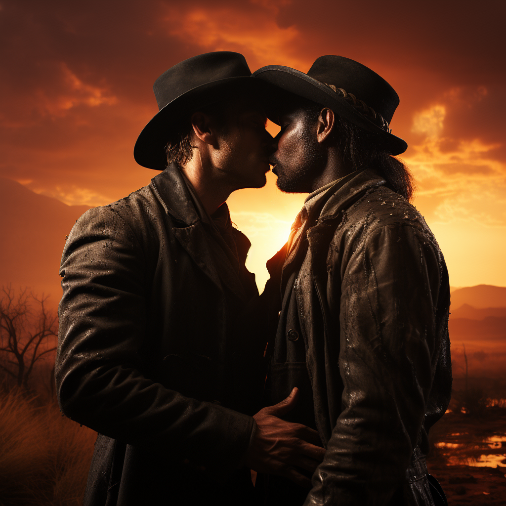 Two cowboy men kissing passionately