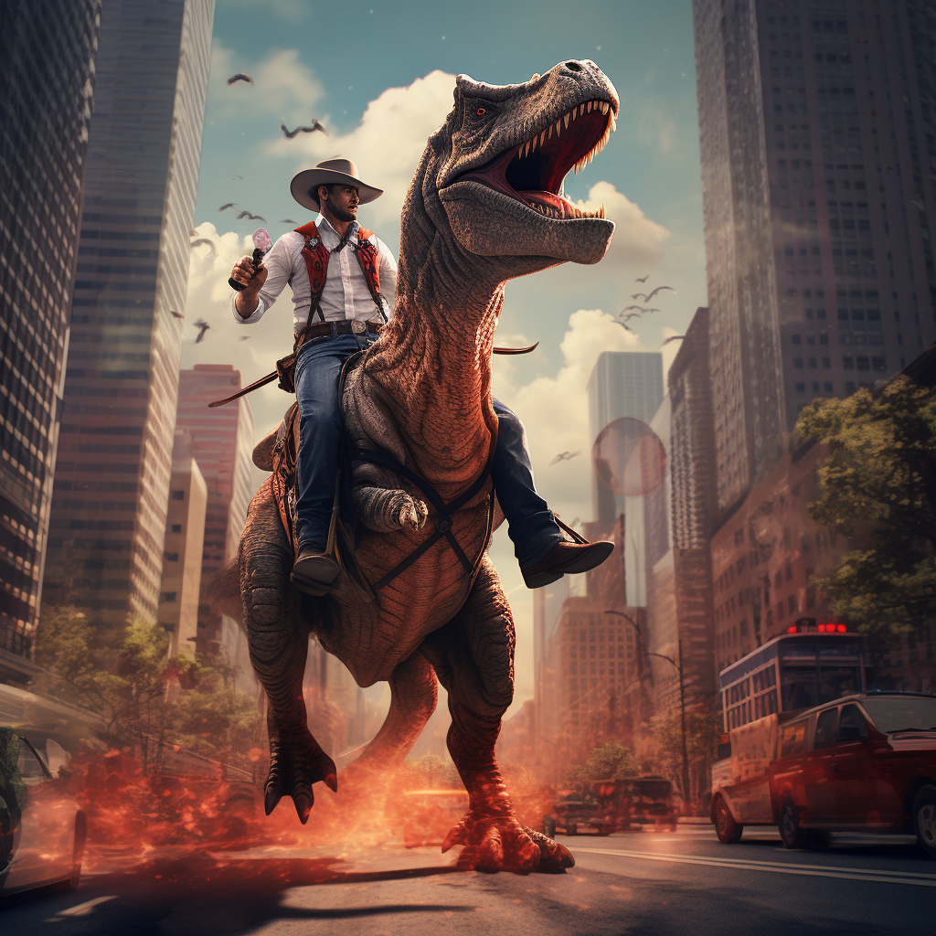 Cowboy riding dinosaur in Chicago street