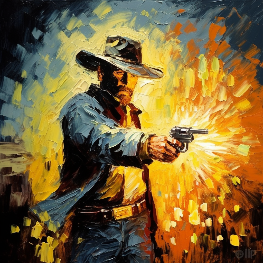 Cowboy shooting smoking gun in crack painting style