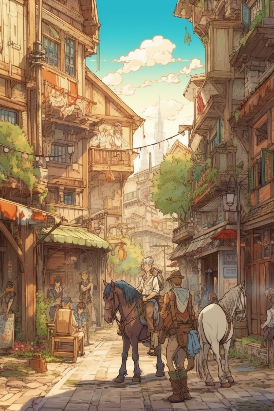 Anime cowboy town with horses