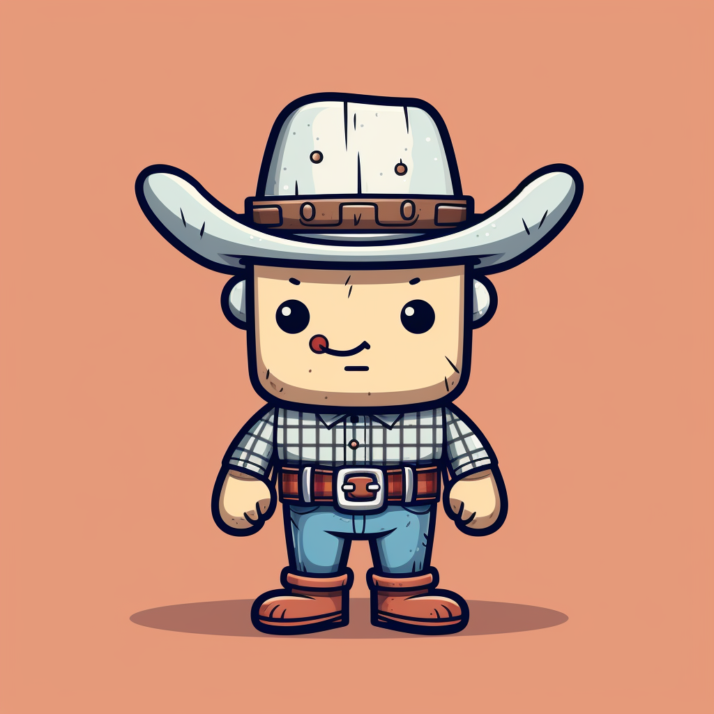 Cartoon cowboy in denim pants, flannel shirt, and hat