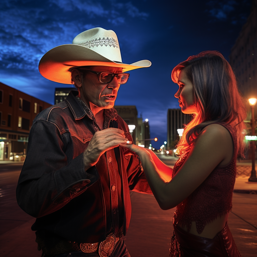 Cowboy with glasses holding woman with devil horns at night