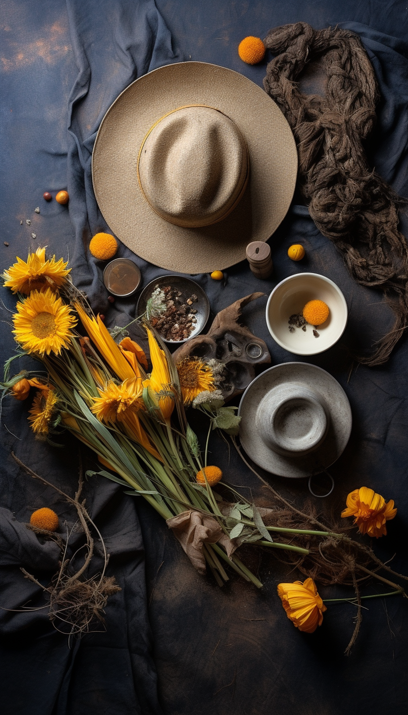 Cowboy hat, rope, wilted flowers, and gun