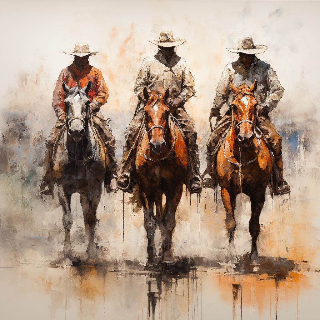 Three cowboys riding a horse