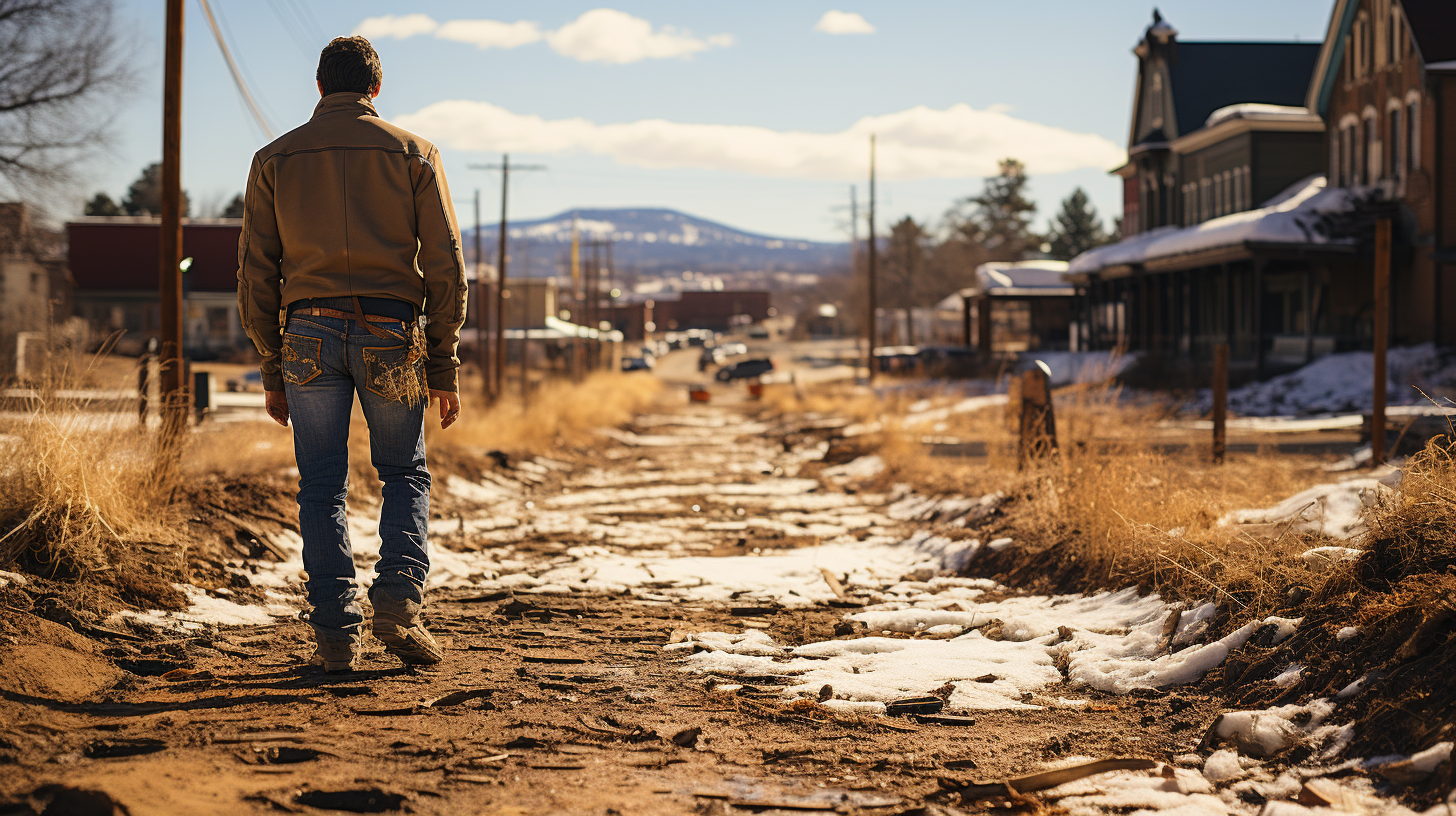 Ground-level view of cowboy in boots and jeans with holstered gun