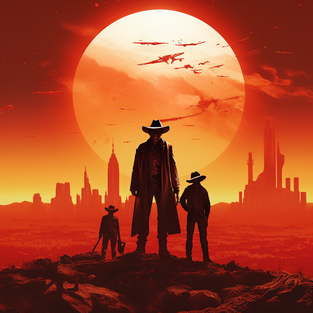 Two adults and one child in cowboy clothes against a giant red sun with a destroyed modern city in the background