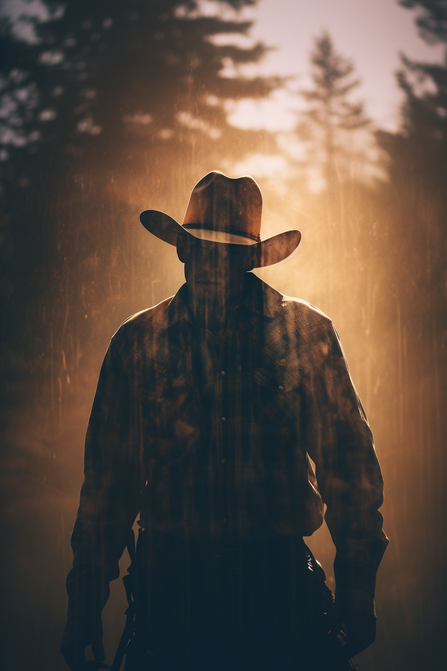 Stunning double exposure of cowboy in valley