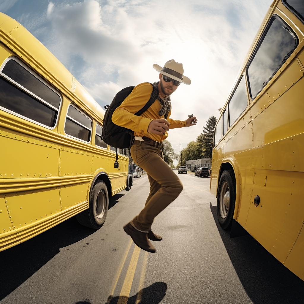 Cowboy stepping off yellow school bus